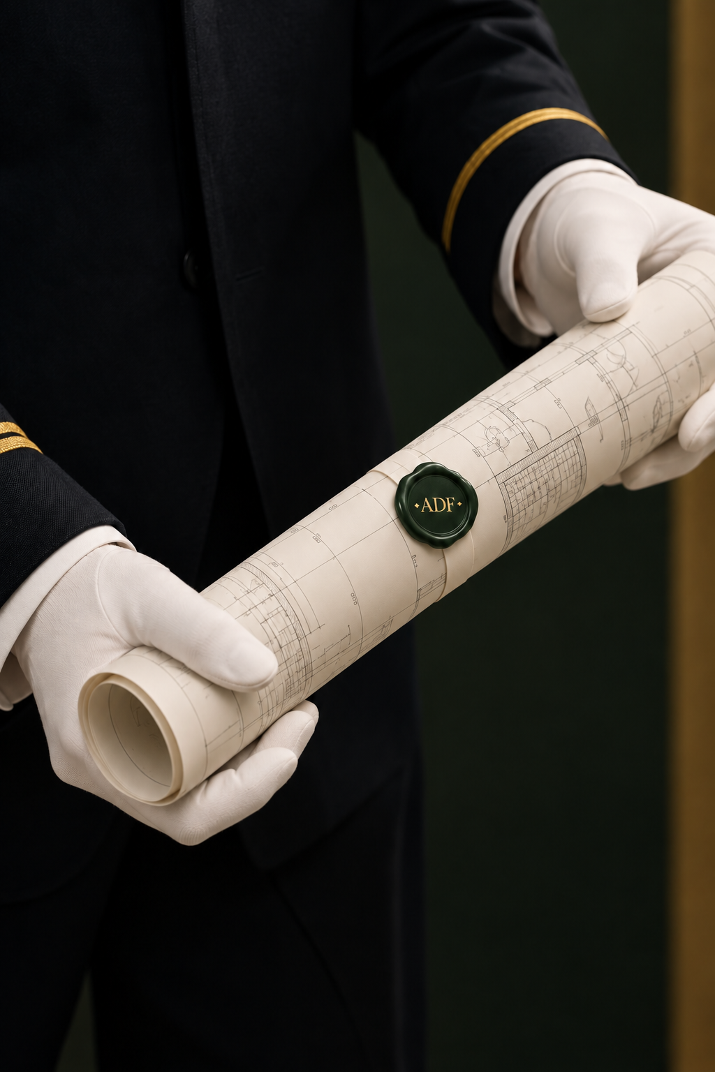 Gloved hands holding architectural plans with an ADF wax seal
