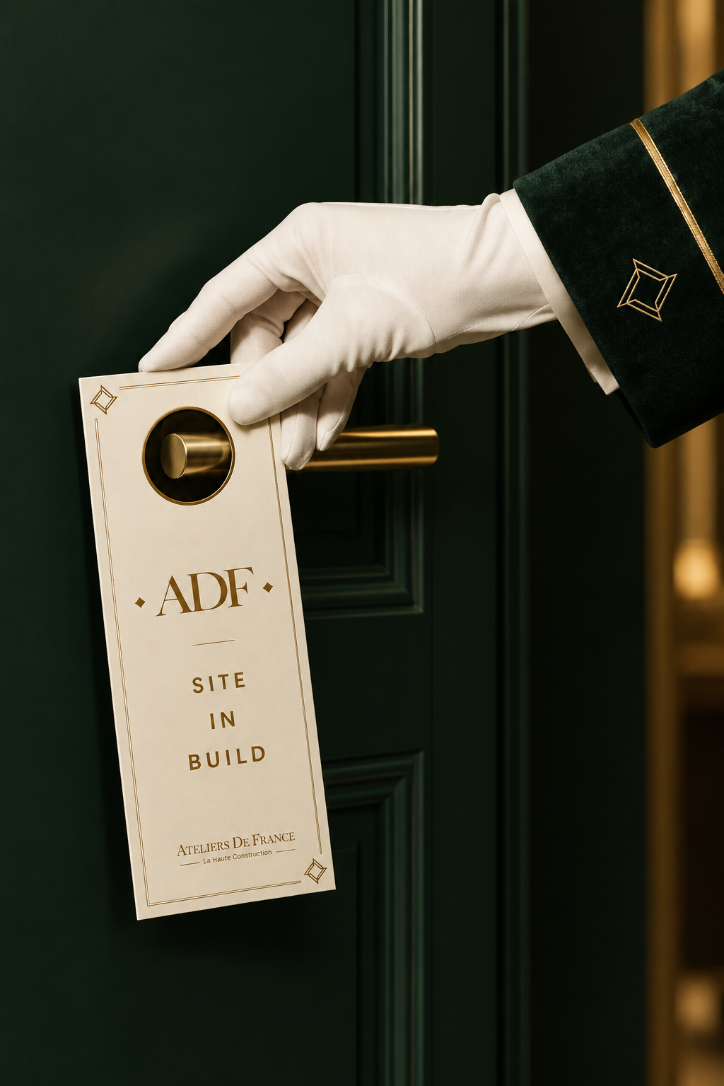 Gloved hand hanging the ADF Site in Build sign on a brass door handle