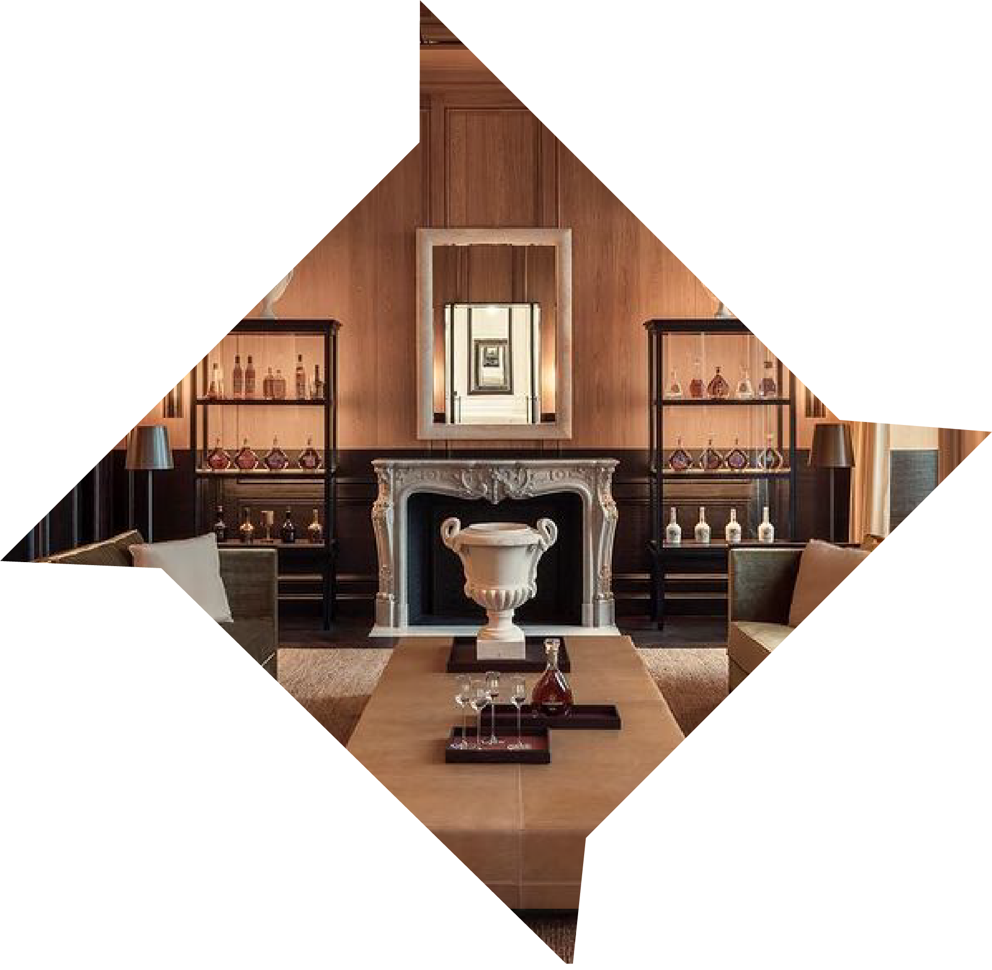 Marble fireplace and backlit spirit cabinets in an ADF salon