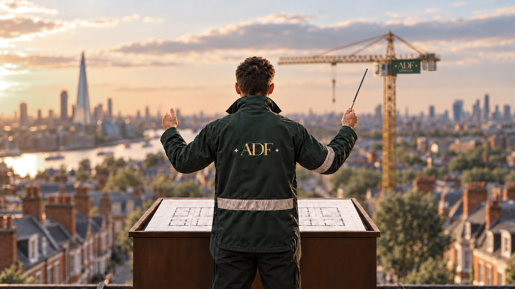 Conductor in ADF jacket overlooking the London skyline at sunset