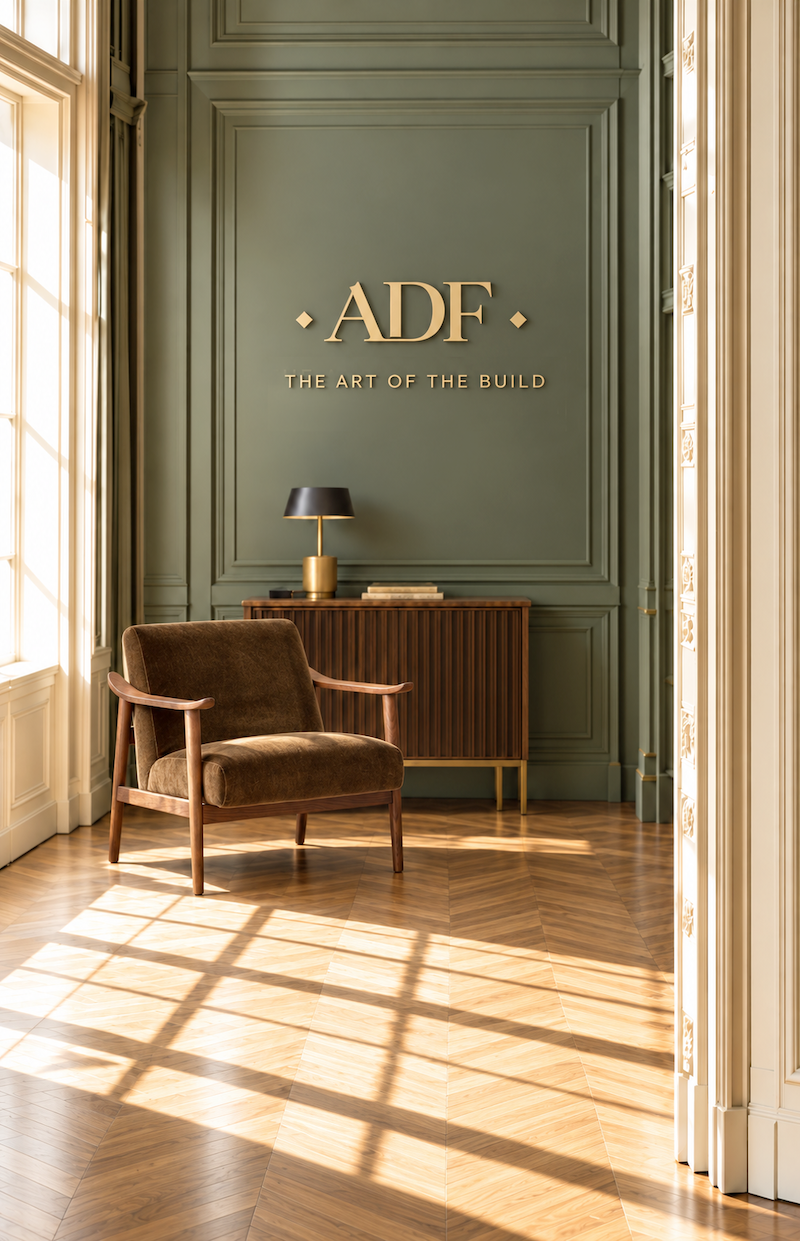 ADF lounge with gold wall signage, a velvet armchair and herringbone parquet