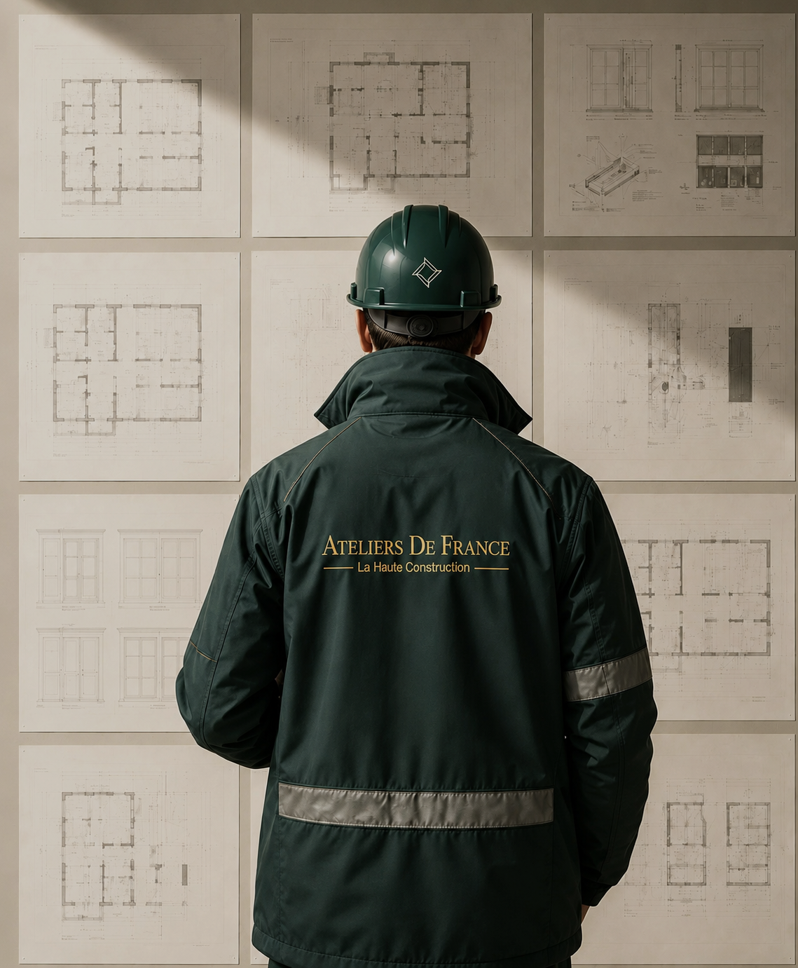ADF site manager in a green hard hat facing a wall of blueprints