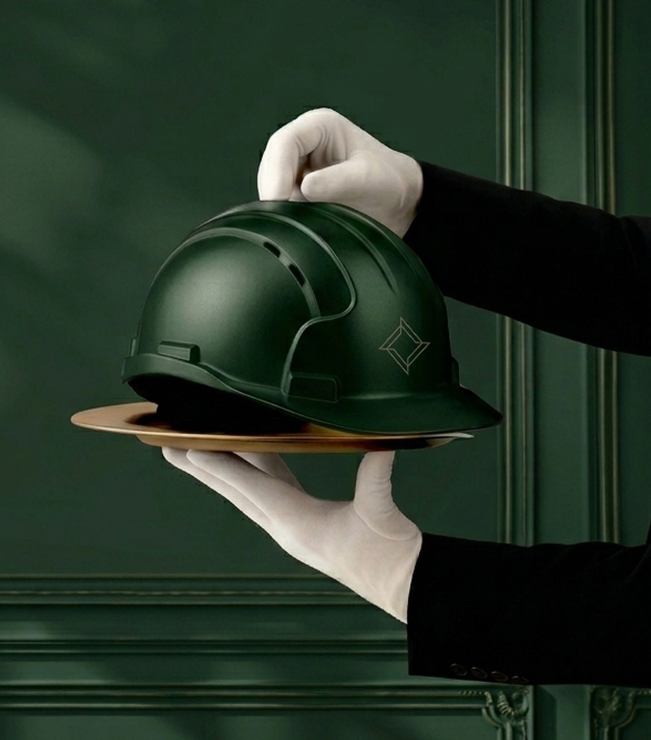 Gloved hands presenting an ADF hard hat on a brass tray
