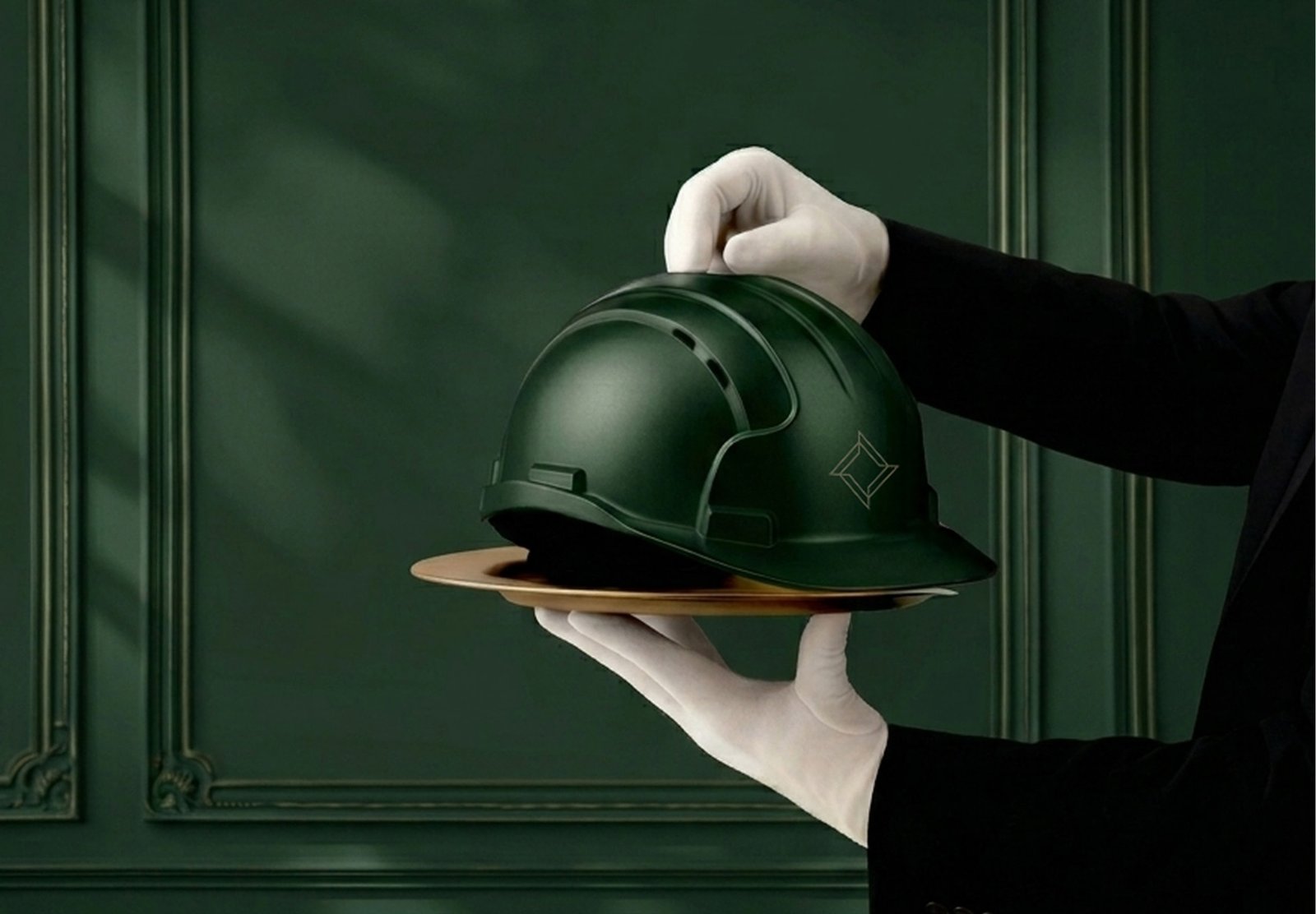 White-gloved hand presenting an ADF hard hat