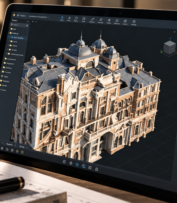 3D architectural model of a classical building on a laptop screen