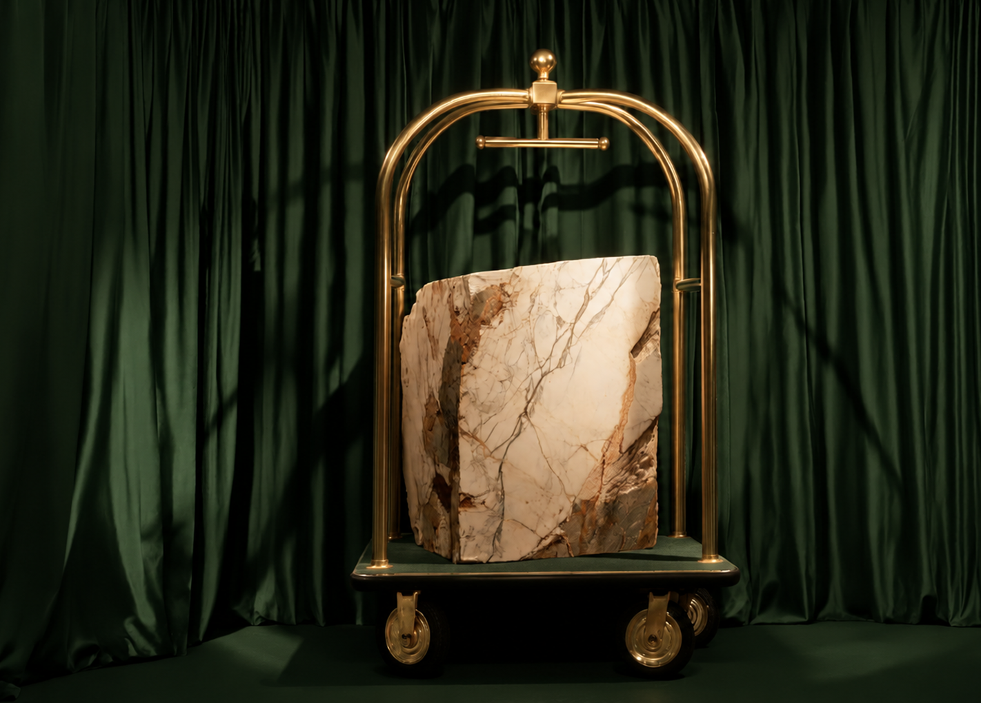 Marble block on a brass luggage trolley