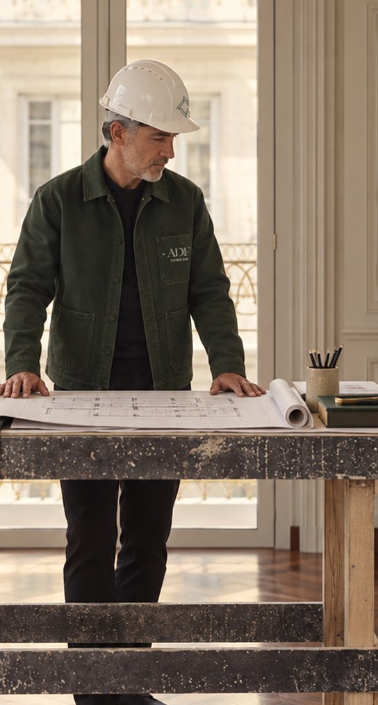 Architect reviewing blueprints at a worktable