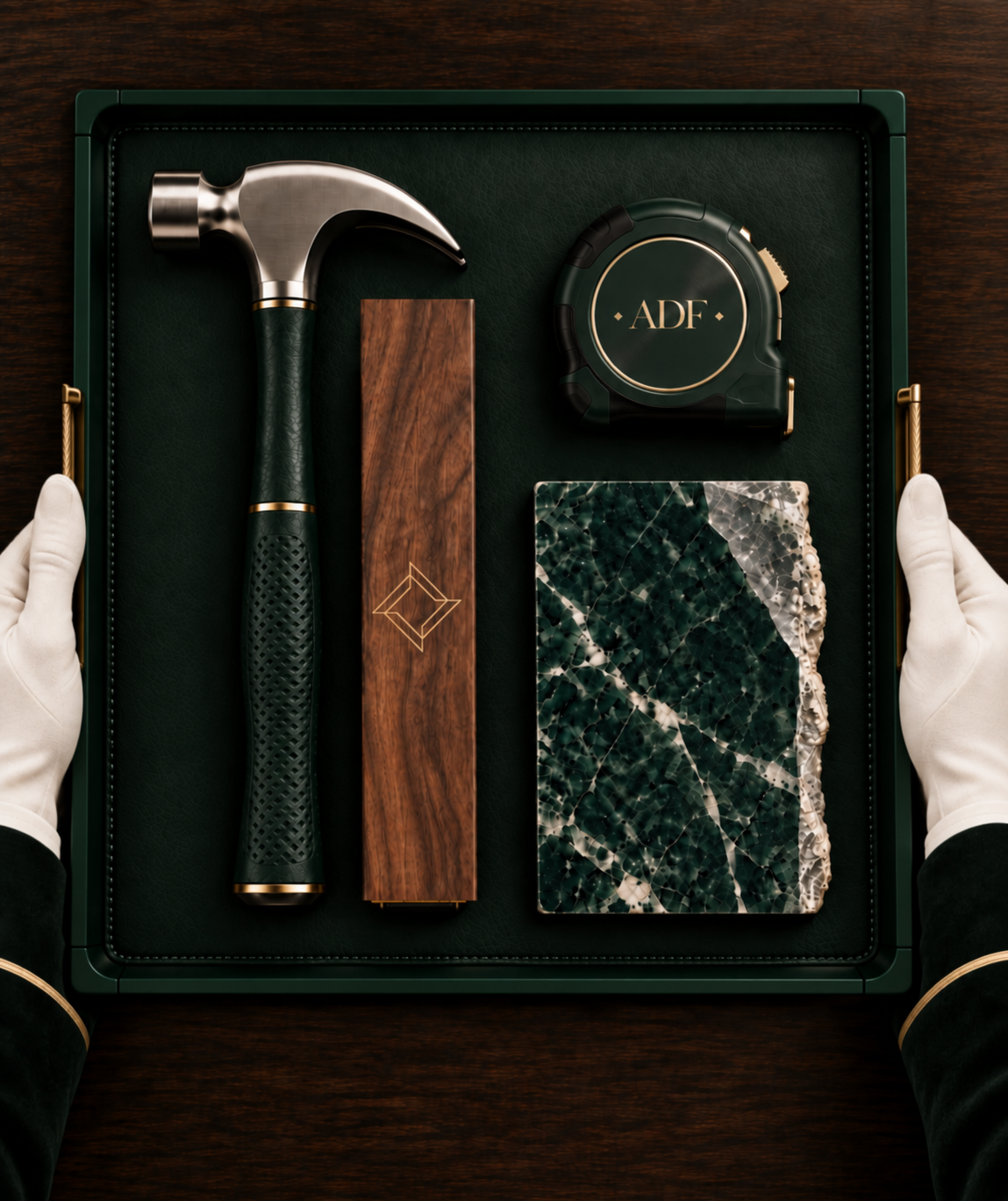 Gloved hands presenting a brass tray with an ADF hammer, tape measure, engraved wooden case and green marble block